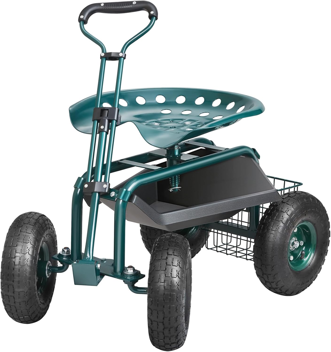Rolling Garden Cart with Swivel Seat, Wheels & Tool Tray – Green