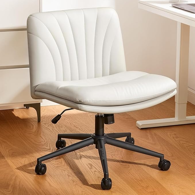 Armless PU Leather Office Chair with Wheels – Light Beige