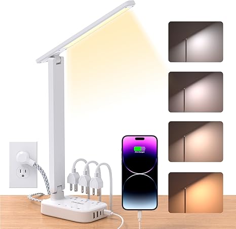 LED Desk Lamp with Power Strip, 5ft Cord, 3 Outlets, 4 USB Ports, Touch Control, Adjustable Light, White