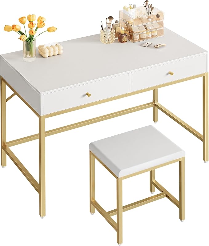 35.4" White and Gold Desk with 2 Drawers and Stool, Modern Vanity or Small Computer Desk