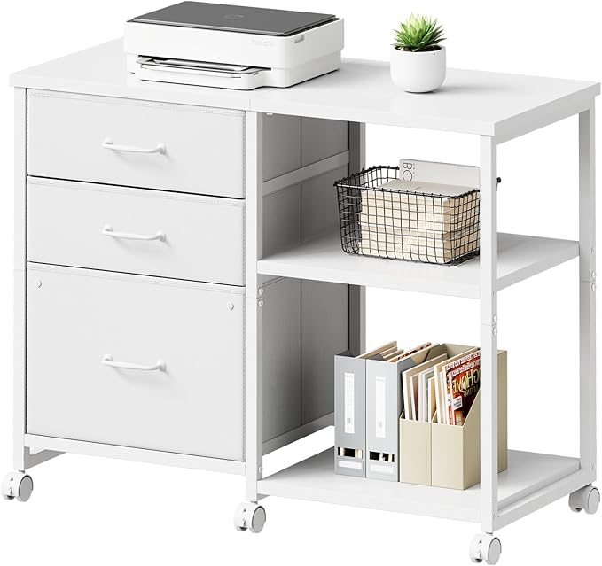 3-Drawer Rolling File Cabinet with Open Shelf – White