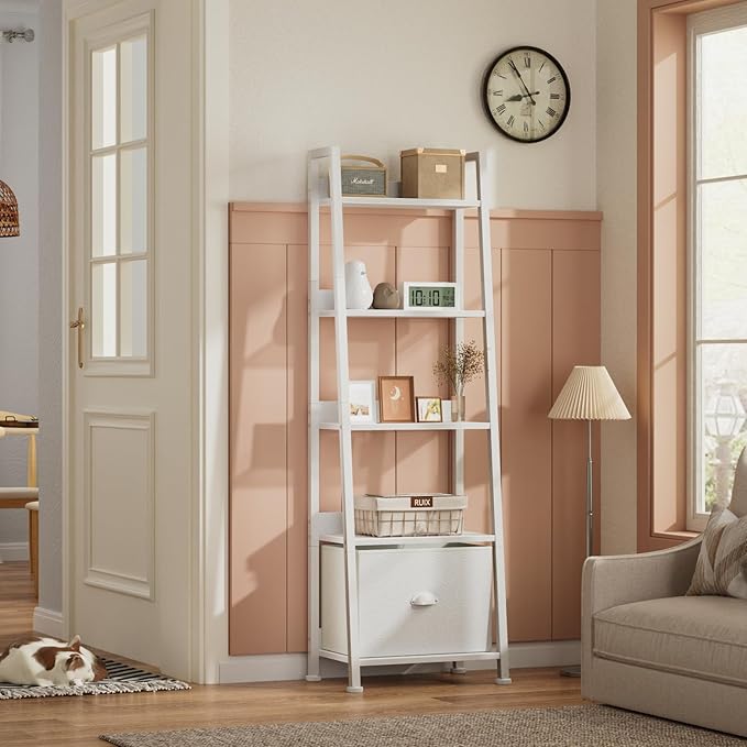 5-Tier Ladder Shelf with Drawer, Tall Narrow Bookshelf Storage Rack for Living Room, Bedroom, Home Office – White
