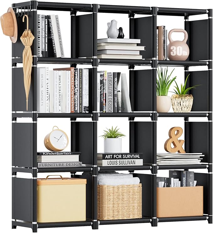 12 Cube Storage Organizer, DIY Metal Bookshelf, Tall Bookcase for Bedroom, Living Room, Office, or Closet – Black