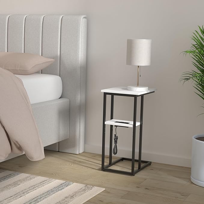 Side Table Set of 2, C-Shaped End Tables with USB Charging & LED Light, Small Sofa Laptop & Snack Tables, White