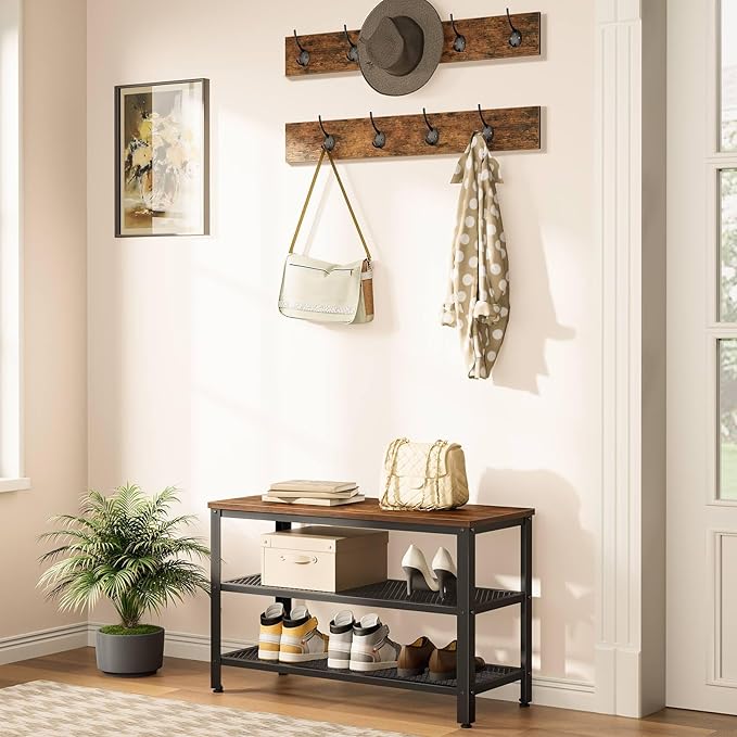 Hall Tree with Storage Bench, Coat Rack and Shoe Organizer, Rustic Brown/Black