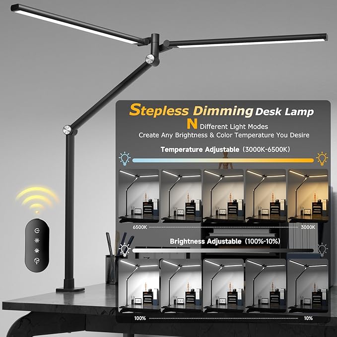 LED Desk Lamp with Remote, Dual Monitor Light, Stepless Dimming & Memory Function – Black