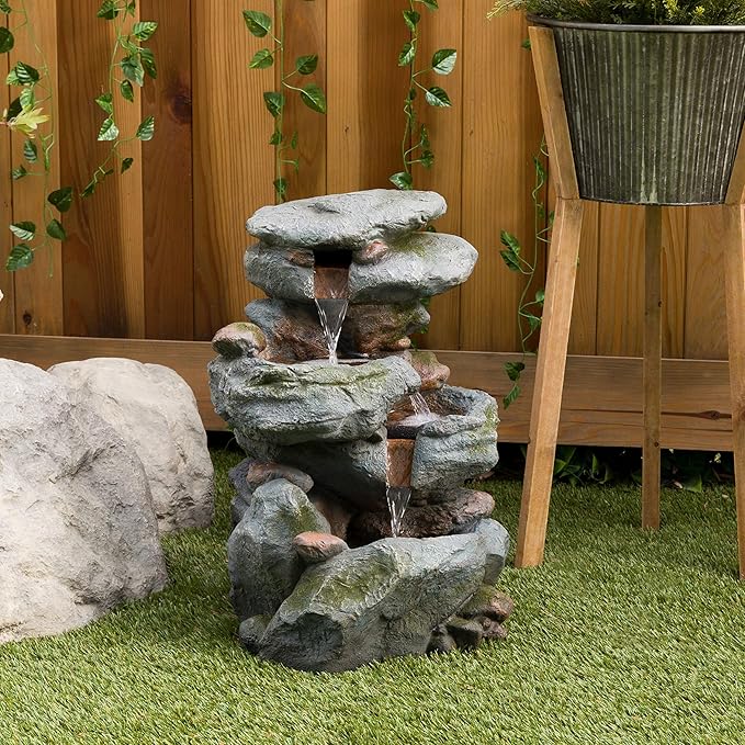3-Tier Rock Waterfall Fountain with LED Lights – 22" Outdoor Garden & Patio Decor, Gray