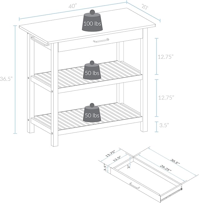 40" Kitchen Island with Solid Hardwood Top – Natural/White