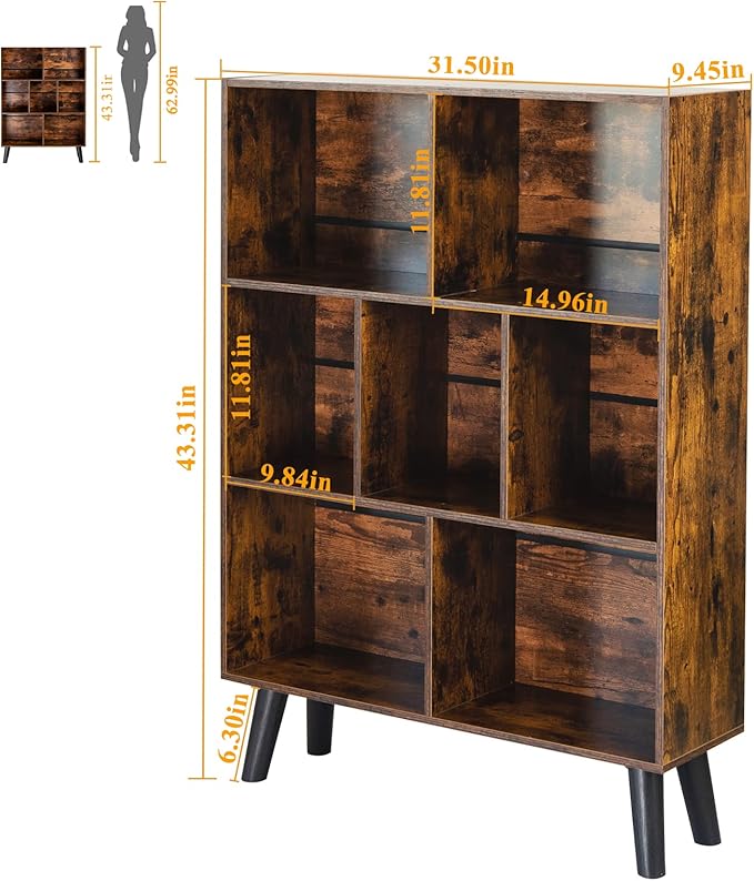 3-Tier Cube Bookshelf with Legs – Mid-Century Rustic Brown Wood Storage Organizer for Bedroom, Living Room, or Office