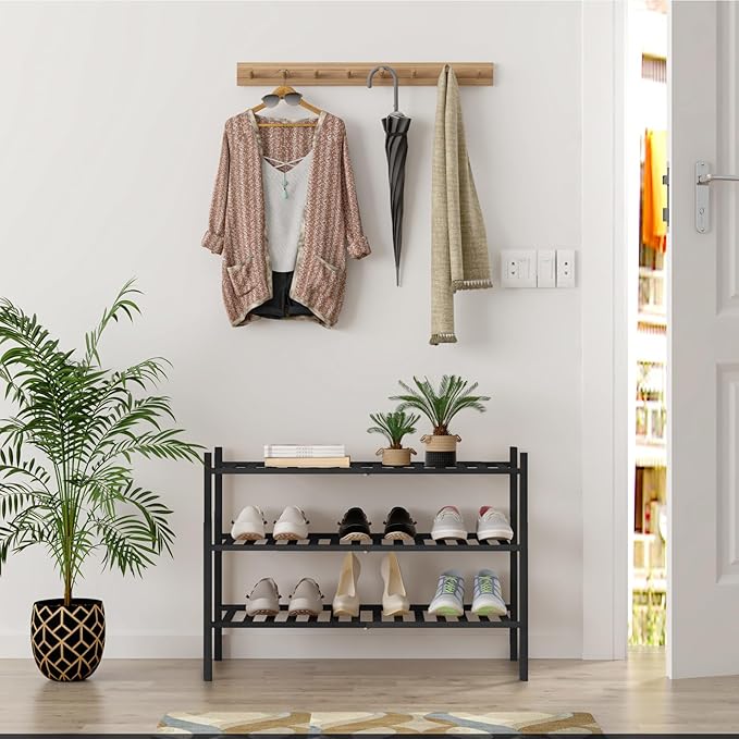 3-Tier Bamboo Shoe Rack, Stackable Free-Standing Organizer for Entryway, Hallway, Bathroom – Black
