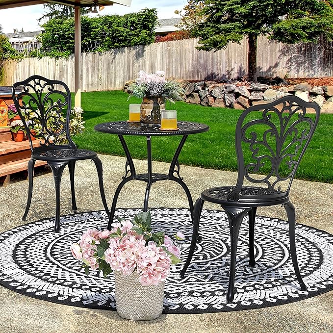 3-Piece Cast Aluminum Bistro Set with Table and Chairs, Outdoor Patio Furniture with Umbrella Hole, Black