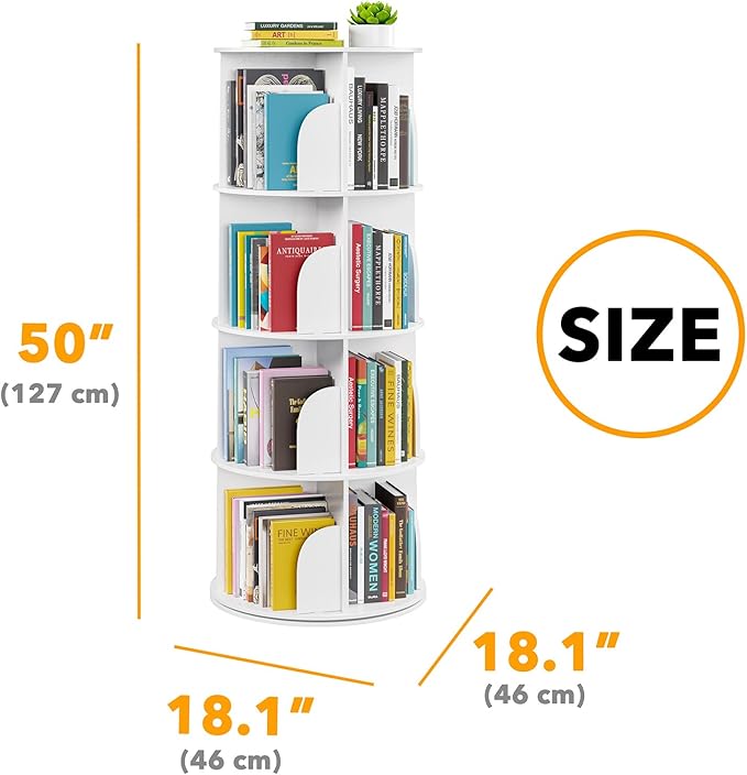 4-Tier Rotating Bookshelf Tower, 360° Spinning Bookcase Carousel Organizer – White