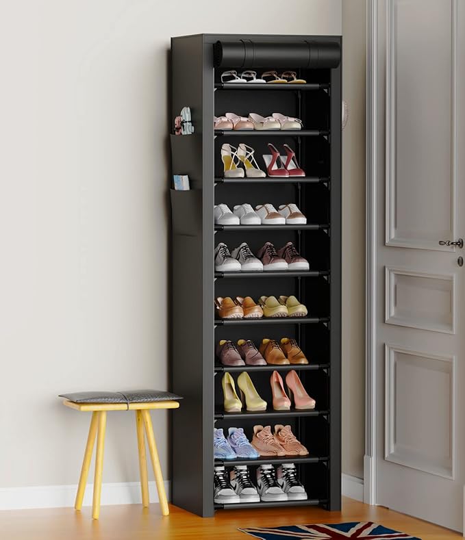10-Tier Vertical Shoe Rack with Dust Cover – Tall Narrow Closet Organizer, Black