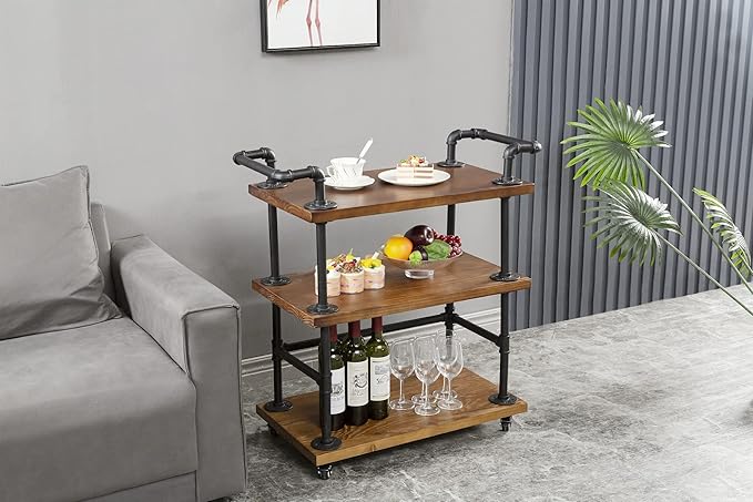 Industrial Bar Cart with Wine Rack and Shelves on Wheels