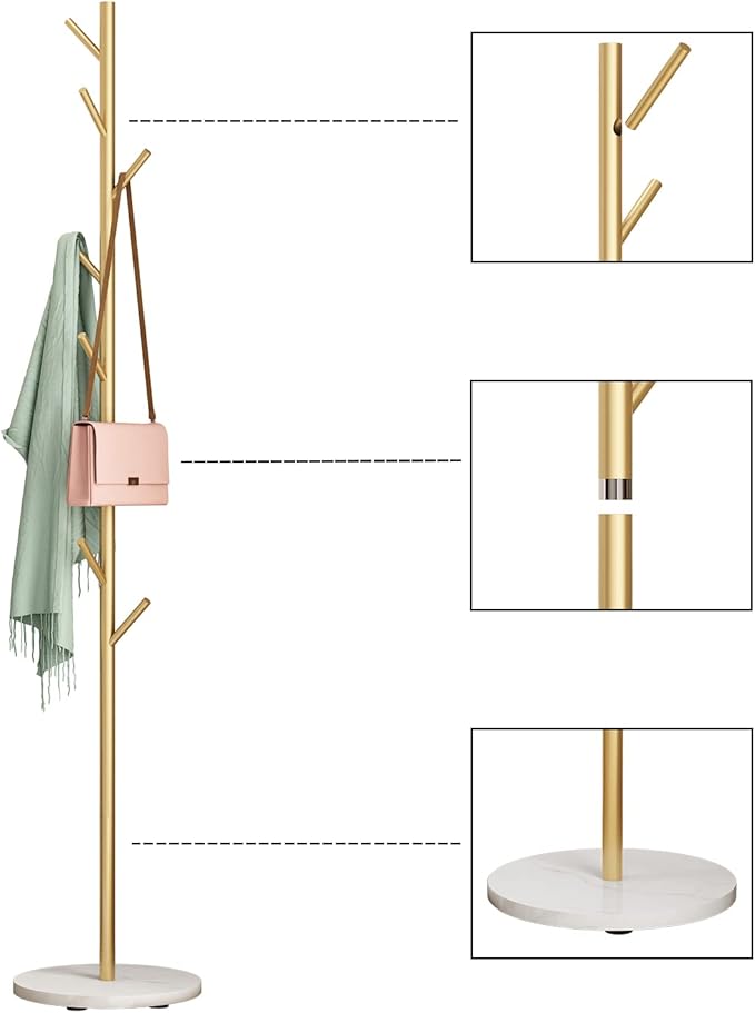 Gold Metal Coat Rack with Marble Base – Freestanding Entryway Stand with Hooks for Clothes, Hats & Bags