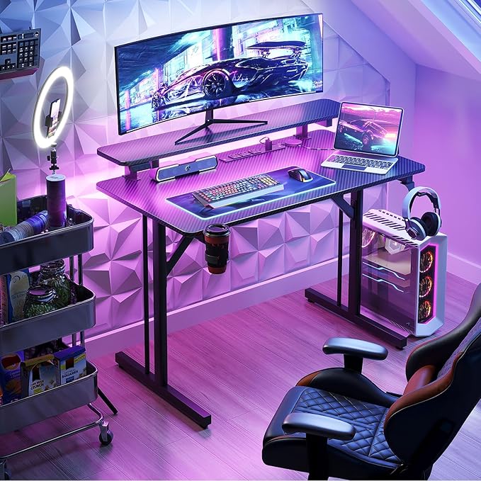 32" Gaming Desk with LED Lights, Power Outlets & Monitor Shelf, Carbon Fiber Texture