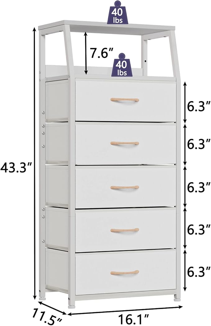 White 5-Drawer Fabric Dresser with Wood Top and Steel Frame, Vertical Storage Tower for Bedroom and Closet