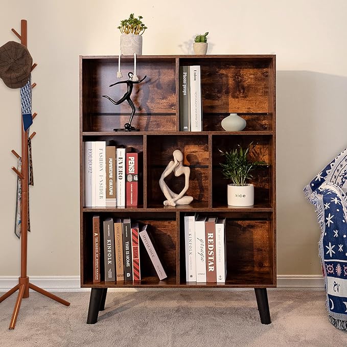 3-Tier Cube Bookshelf with Legs – Mid-Century Rustic Brown Wood Storage Organizer for Bedroom, Living Room, or Office
