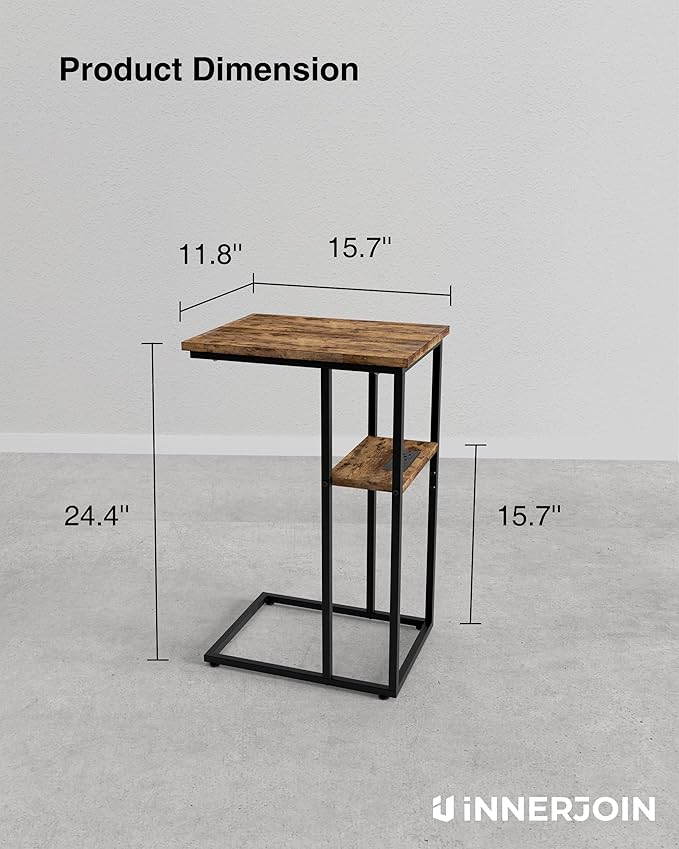 Side Table Set of 2, C-Shaped End Tables with USB Charging & LED Light, Small Sofa Laptop & Snack Tables, Rustic Brown