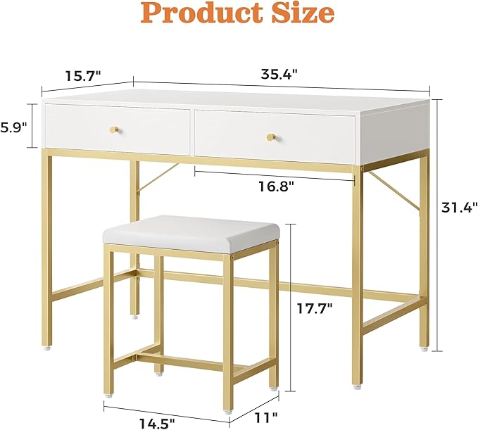 35.4" White and Gold Desk with 2 Drawers and Stool, Modern Vanity or Small Computer Desk