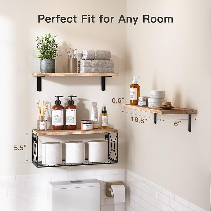 Over Toilet Bathroom Shelf with Storage Basket, Floating Wall Shelves for Home, Kitchen, Living Room – Natural Wood