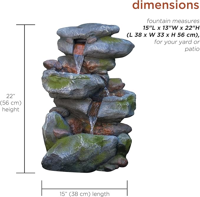 3-Tier Rock Waterfall Fountain with LED Lights – 22" Outdoor Garden & Patio Decor, Gray