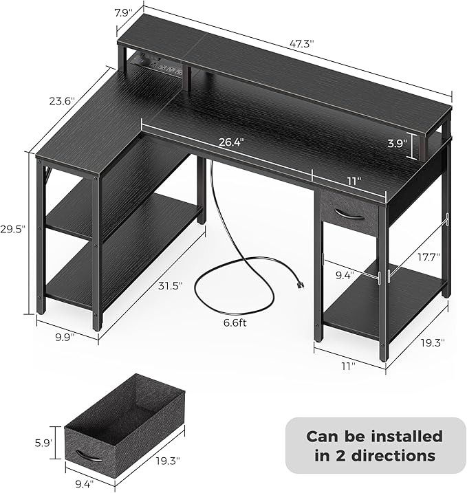 L Shaped Gaming Desk with Drawer, LED Lights, Power Outlets, Shelves & Monitor Stand, 47" Black