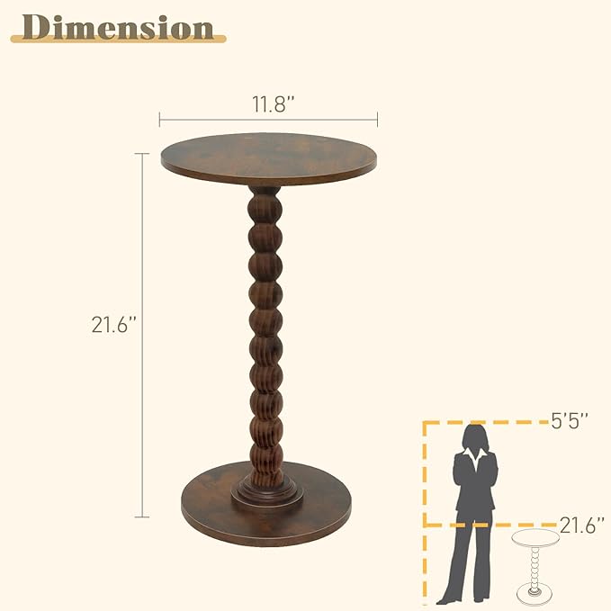 Round Side Table with Wood Legs – Small Accent Nightstand for Living Room, Bedroom, or Office (Rustic Brown)