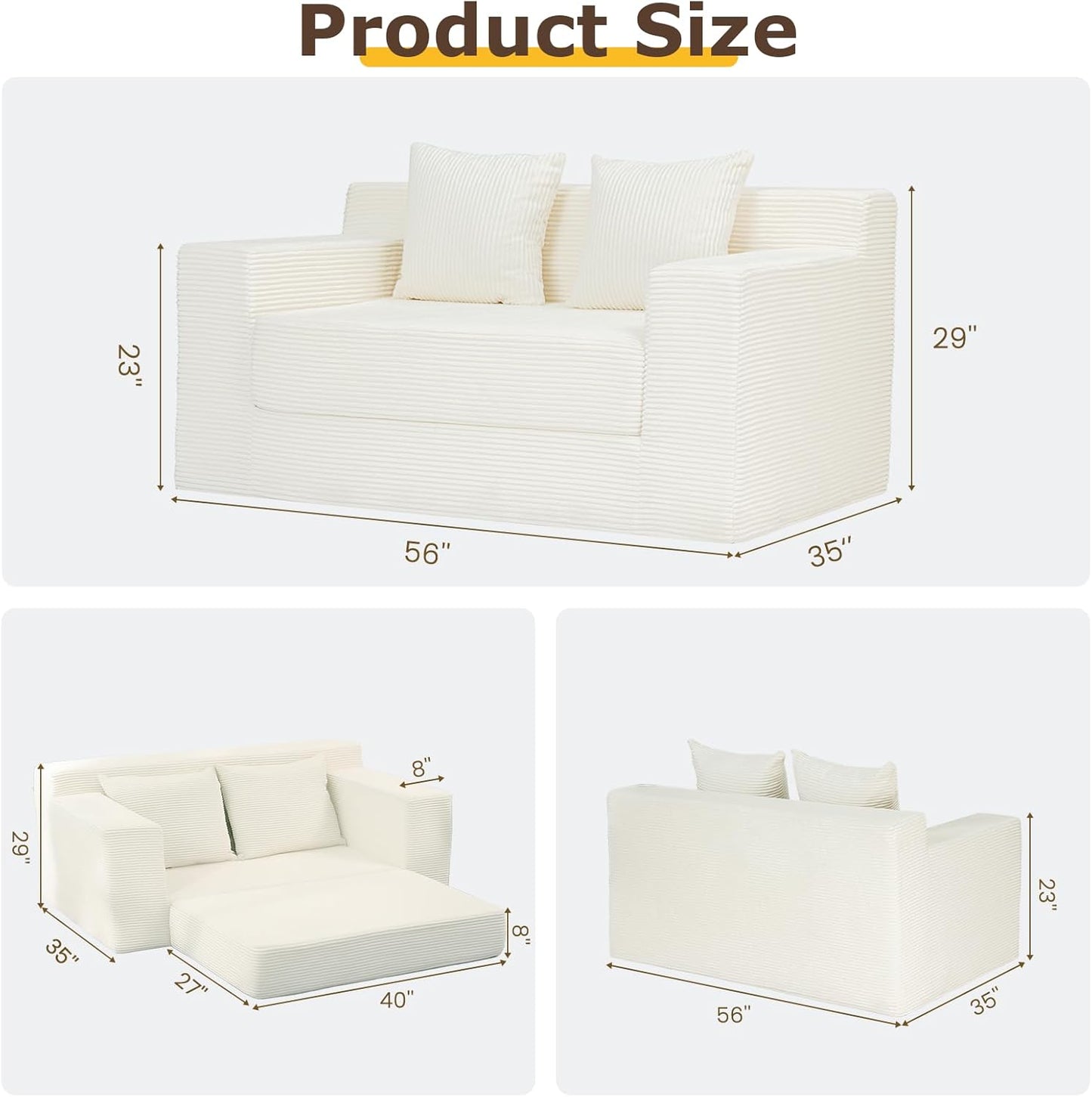 3-in-1 Convertible Sofa Bed, Foldable Loveseat & Chaise Lounge Chair, Corduroy Futon Sleeper with 4 Pillows perfect for your Living Room, Beige