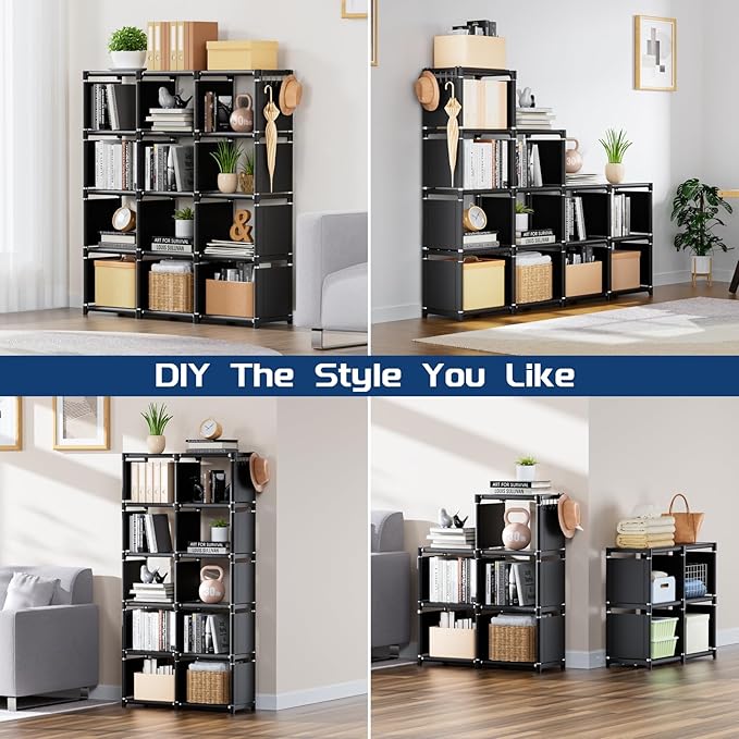 12 Cube Storage Organizer, DIY Metal Bookshelf, Tall Bookcase for Bedroom, Living Room, Office, or Closet – Black