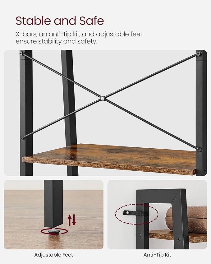 4-Tier Ladder Shelf, Industrial Bookshelf with Steel Frame for Living Room, Office, or Bedroom, Rustic Brown & Black