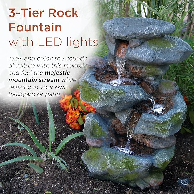 3-Tier Rock Waterfall Fountain with LED Lights – 22" Outdoor Garden & Patio Decor, Gray