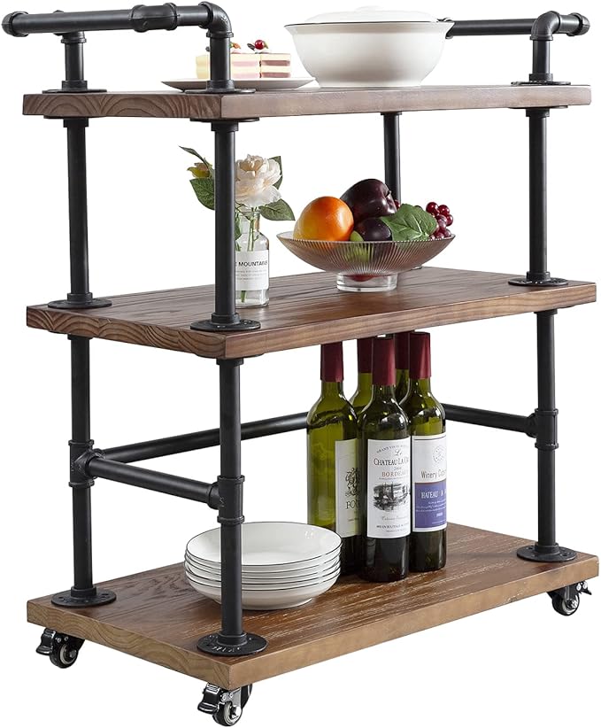 Industrial Bar Cart with Wine Rack and Shelves on Wheels