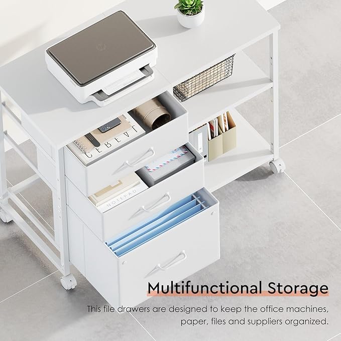 3-Drawer Rolling File Cabinet with Open Shelf – White