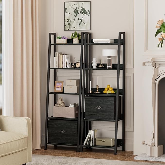 5-Tier Ladder Shelf with Drawer, Tall Narrow Bookshelf Storage Rack for Living Room, Bedroom, Home Office – Black Oak