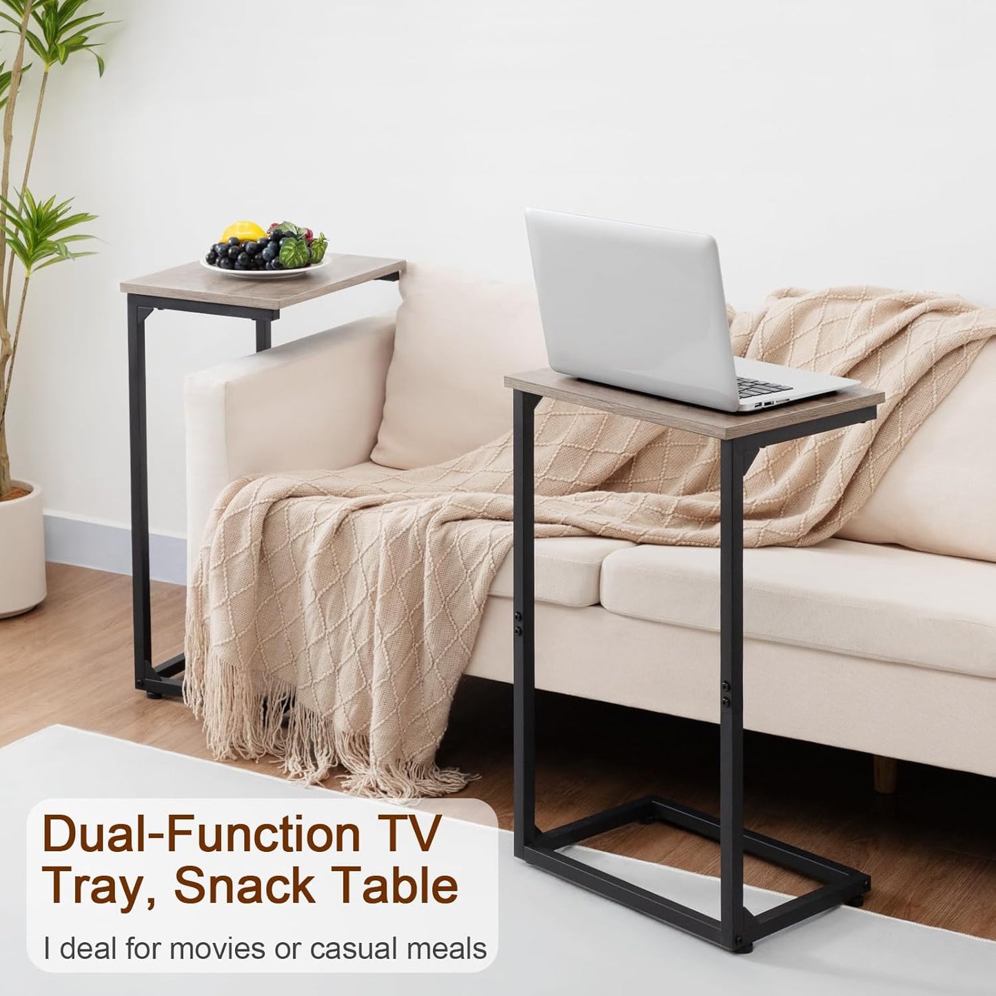 Set of 2 C Shaped End Tables, Sofa Side Tables with Slide Under Design, TV Trays for Small Spaces, Grey