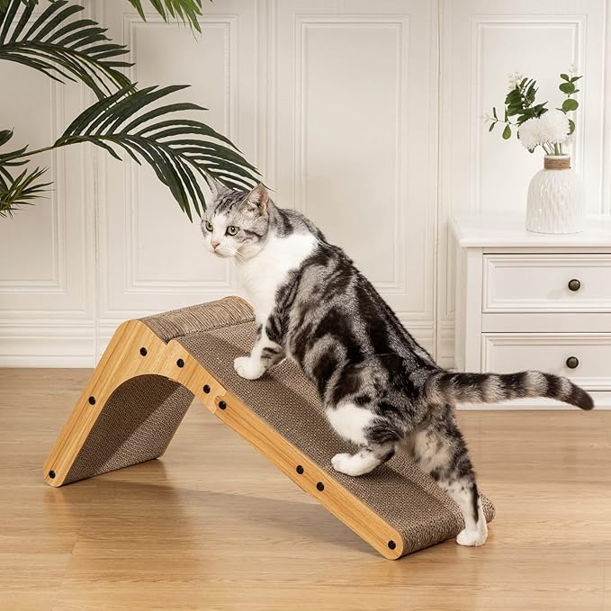 L-Shaped Cat Scratcher, 26.8" Cardboard Scratching Pad with Ball Toy & Catnip, Furniture Protector for Indoor Cats, Large