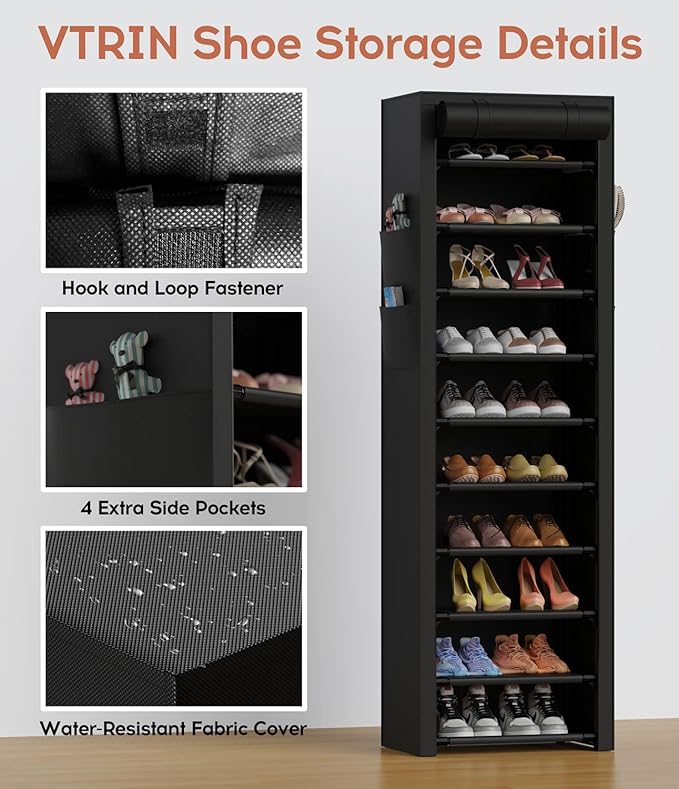 10-Tier Vertical Shoe Rack with Dust Cover – Tall Narrow Closet Organizer, Black