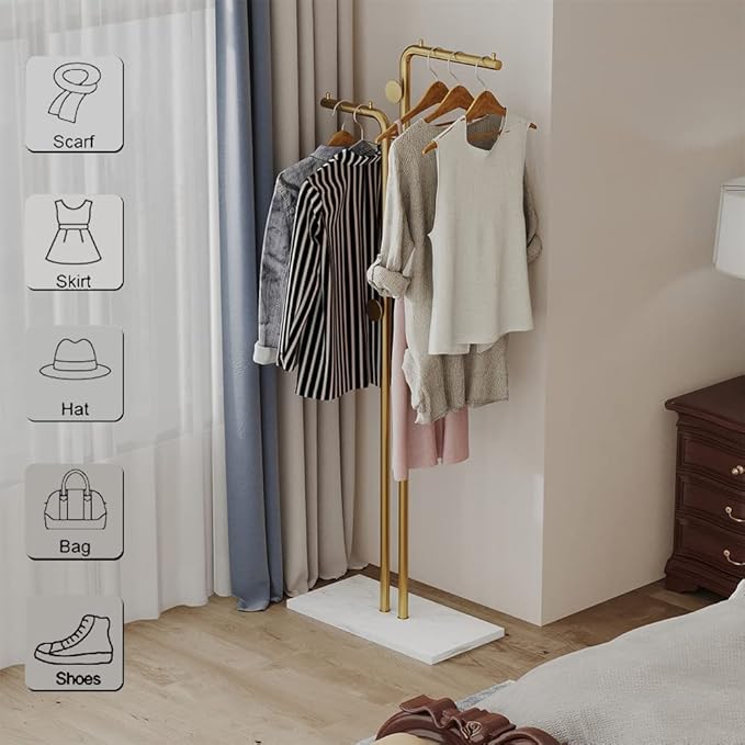 Double-Pole Freestanding Coat Rack with 5 Hooks and Marble Base, Gold
