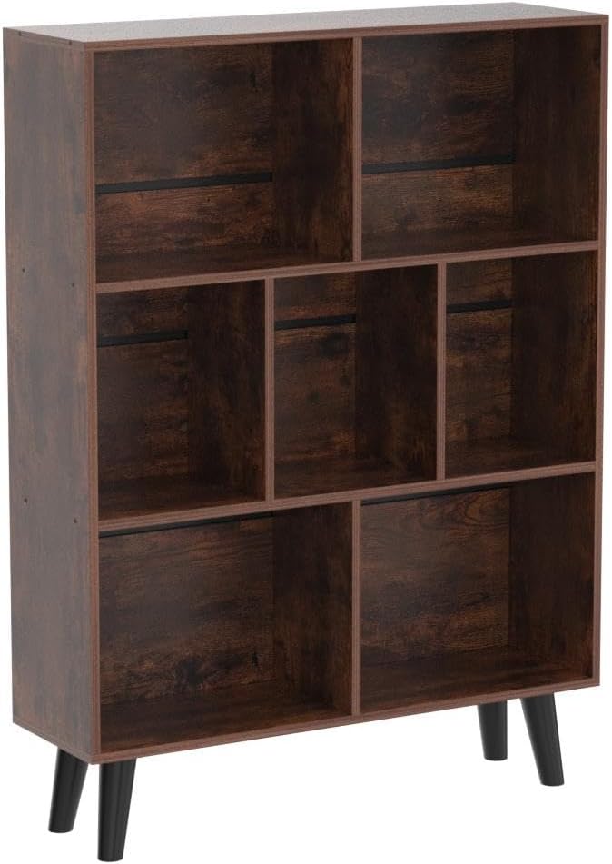 3-Tier Cube Bookshelf with Legs – Mid-Century Rustic Brown Wood Storage Organizer for Bedroom, Living Room, or Office