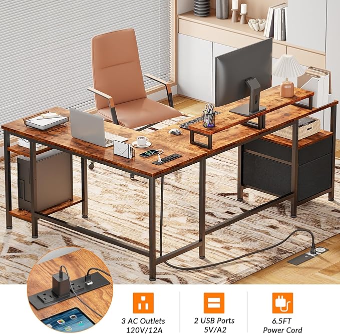 L-Shaped Computer Desk with Power Outlet, File Drawer, Monitor Stands & Storage Shelves for Home Office or Gaming