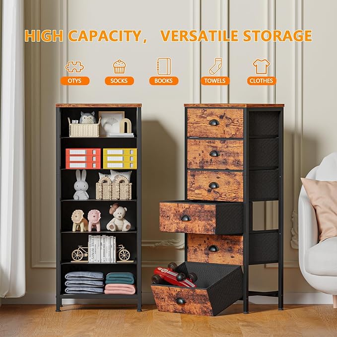 Tall Dresser with 6 Drawers, Fabric Storage Organizer for Bedroom, Living Room, Closet, Entryway (Rustic Brown)