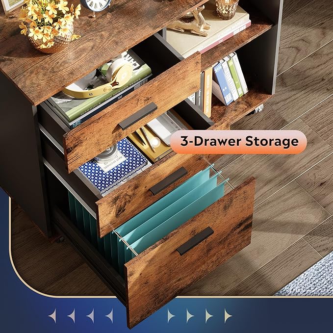 3 Drawer Mobile File Cabinet with Shelves, Wood Lateral Filing Cabinet and Printer Stand for Home Office, Rustic Brown