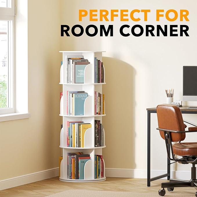 4-Tier Rotating Bookshelf Tower, 360° Spinning Bookcase Carousel Organizer – White