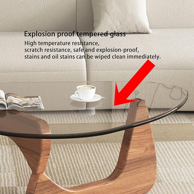 Modern Glass Coffee Table, Round Abstract Tea Table with Walnut Base for Living Room