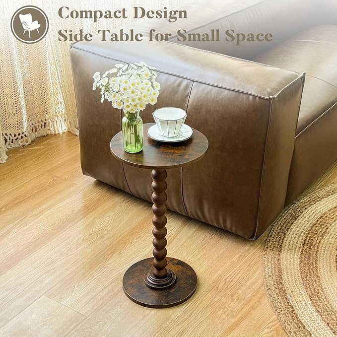 Round Side Table with Wood Legs – Small Accent Nightstand for Living Room, Bedroom, or Office (Rustic Brown)