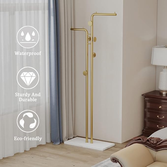 Double-Pole Freestanding Coat Rack with 5 Hooks and Marble Base, Gold