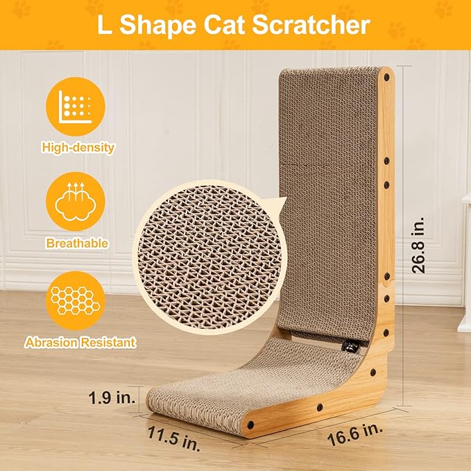 L-Shaped Cat Scratcher, 26.8" Cardboard Scratching Pad with Ball Toy & Catnip, Furniture Protector for Indoor Cats, Large