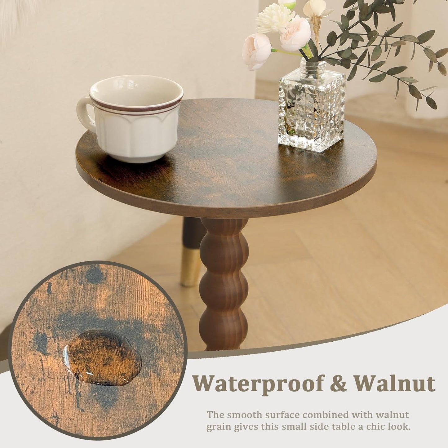 Round Side Table with Wood Legs – Small Accent Nightstand for Living Room, Bedroom, or Office (Rustic Brown)