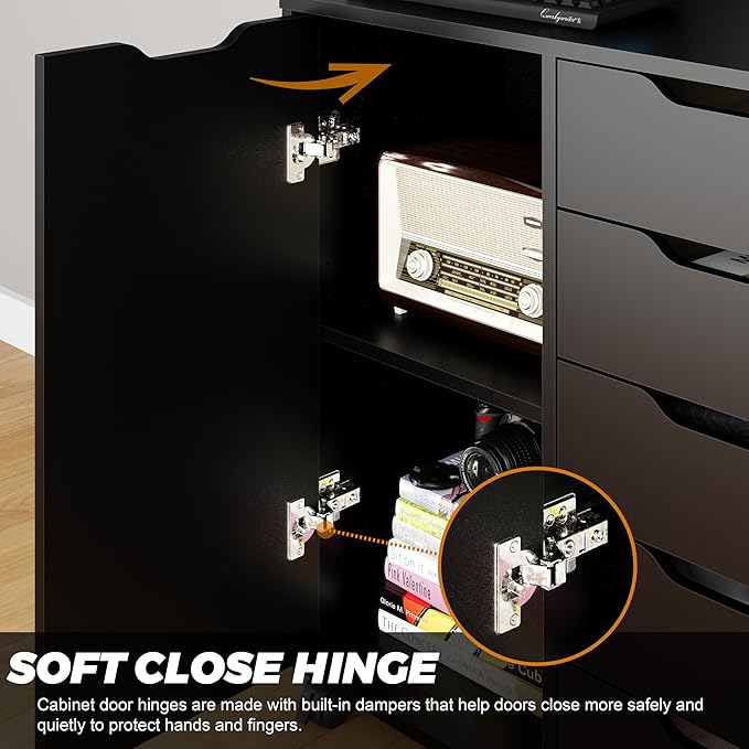 5-Drawer Chest with Door – Wooden Storage Dresser Cabinet on Wheels, Black